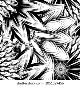 Seamless floral background. Tracery handmade nature ethnic fabric backdrop pattern with saturated dark flowers. Textile design texture. Decorative binary monochrome black and white art. Vector