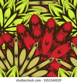 Seamless floral background. Tracery handmade nature ethnic fabric backdrop pattern with flowers. Textile design texture. Decorative color art. Vector
