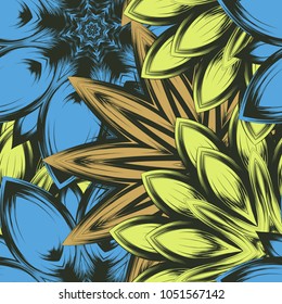 Seamless floral background. Tracery handmade nature ethnic fabric backdrop pattern with flowers. Textile design texture. Decorative color art. Vector