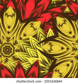 Seamless floral background. Tracery handmade nature ethnic fabric backdrop pattern with flowers. Textile design texture. Decorative color art. Vector