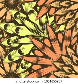 Seamless floral background. Tracery handmade nature ethnic fabric backdrop pattern with flowers. Textile design texture. Decorative color art. Vector