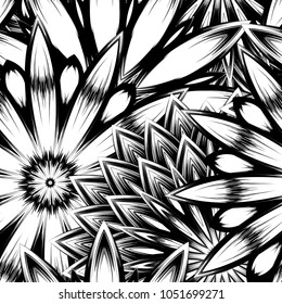 Seamless floral background. Tracery handmade nature ethnic fabric backdrop pattern with saturated dark flowers. Textile design texture. Decorative binary monochrome black and white art. Vector