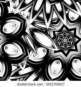 Seamless floral background. Tracery handmade nature ethnic fabric backdrop pattern with saturated dark flowers. Textile design texture. Decorative binary monochrome black and white art. Vector