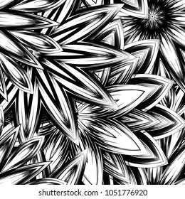 Seamless floral background. Tracery handmade nature ethnic fabric backdrop pattern with saturated dark flowers. Textile design texture. Decorative binary monochrome black and white art. Vector