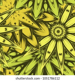 Seamless floral background. Tracery handmade nature ethnic fabric backdrop pattern with flowers. Textile design texture. Decorative color art. Vector