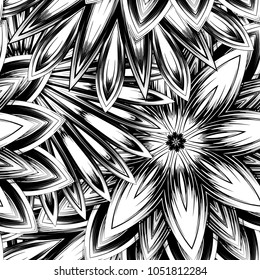 Seamless floral background. Tracery handmade nature ethnic fabric backdrop pattern with saturated dark flowers. Textile design texture. Decorative binary monochrome black and white art. Vector