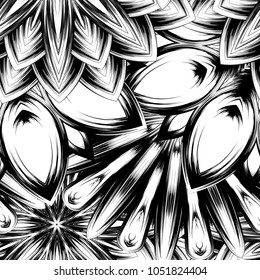 Seamless floral background. Tracery handmade nature ethnic fabric backdrop pattern with saturated dark flowers. Textile design texture. Decorative binary monochrome black and white art. Vector