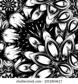 Seamless floral background. Tracery handmade nature ethnic fabric backdrop pattern with saturated dark flowers. Textile design texture. Decorative binary monochrome black and white art. Vector