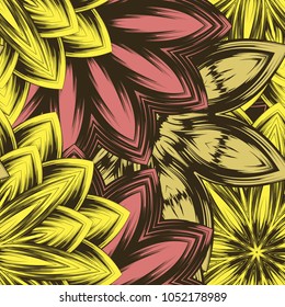 Seamless floral background. Tracery handmade nature ethnic fabric backdrop pattern with flowers. Textile design texture. Decorative color art. Vector