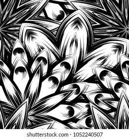 Seamless floral background. Tracery handmade nature ethnic fabric backdrop pattern with saturated dark flowers. Textile design texture. Decorative binary monochrome black and white art. Vector