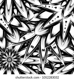 Seamless floral background. Tracery handmade nature ethnic fabric backdrop pattern with saturated dark flowers. Textile design texture. Decorative binary monochrome black and white art. Vector