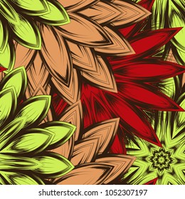 Seamless floral background. Tracery handmade nature ethnic fabric backdrop pattern with flowers. Textile design texture. Decorative color art. Vector