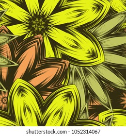 Seamless floral background. Tracery handmade nature ethnic fabric backdrop pattern with flowers. Textile design texture. Decorative color art. Vector