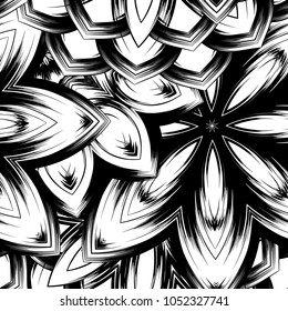 Seamless floral background. Tracery handmade nature ethnic fabric backdrop pattern with saturated dark flowers. Textile design texture. Decorative binary monochrome black and white art. Vector