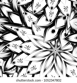 Seamless floral background. Tracery handmade nature ethnic fabric backdrop pattern with saturated dark flowers. Textile design texture. Decorative binary monochrome black and white art. Vector