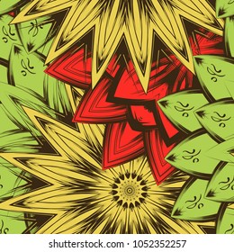 Seamless floral background. Tracery handmade nature ethnic fabric backdrop pattern with flowers. Textile design texture. Decorative color art. Vector