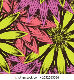 Seamless floral background. Tracery handmade nature ethnic fabric backdrop pattern with flowers. Textile design texture. Decorative color art. Vector