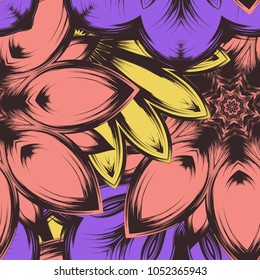 Seamless floral background. Tracery handmade nature ethnic fabric backdrop pattern with flowers. Textile design texture. Decorative color art. Vector