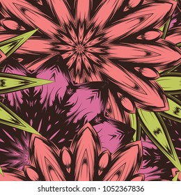 Seamless floral background. Tracery handmade nature ethnic fabric backdrop pattern with flowers. Textile design texture. Decorative color art. Vector