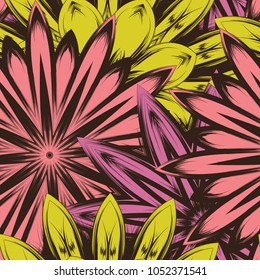 Seamless floral background. Tracery handmade nature ethnic fabric backdrop pattern with flowers. Textile design texture. Decorative color art. Vector