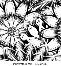 Seamless floral background. Tracery handmade nature ethnic fabric backdrop pattern with saturated dark flowers. Textile design texture. Decorative binary monochrome black and white art. Vector
