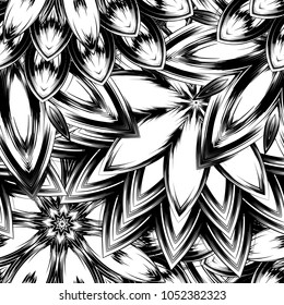 Seamless floral background. Tracery handmade nature ethnic fabric backdrop pattern with saturated dark flowers. Textile design texture. Decorative binary monochrome black and white art. Vector