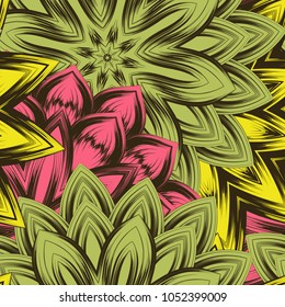 Seamless floral background. Tracery handmade nature ethnic fabric backdrop pattern with flowers. Textile design texture. Decorative color art. Vector
