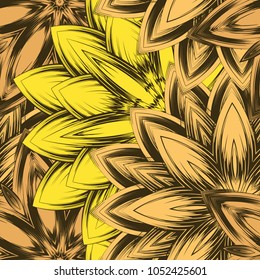 Seamless floral background. Tracery handmade nature ethnic fabric backdrop pattern with flowers. Textile design texture. Decorative color art. Vector