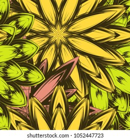 Seamless floral background. Tracery handmade nature ethnic fabric backdrop pattern with flowers. Textile design texture. Decorative color art. Vector