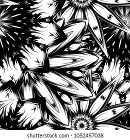 Seamless floral background. Tracery handmade nature ethnic fabric backdrop pattern with saturated dark flowers. Textile design texture. Decorative binary monochrome black and white art. Vector