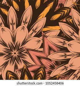 Seamless floral background. Tracery handmade nature ethnic fabric backdrop pattern with flowers. Textile design texture. Decorative color art. Vector