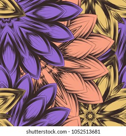 Seamless floral background. Tracery handmade nature ethnic fabric backdrop pattern with flowers. Textile design texture. Decorative color art. Vector