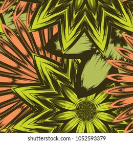 Seamless floral background. Tracery handmade nature ethnic fabric backdrop pattern with flowers. Textile design texture. Decorative color art. Vector