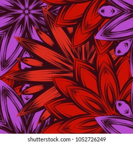 Seamless floral background. Tracery handmade nature ethnic fabric backdrop pattern with flowers. Textile design texture. Decorative color art. Vector