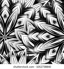 Seamless floral background. Tracery handmade nature ethnic fabric backdrop pattern with saturated dark flowers. Textile design texture. Decorative binary monochrome black and white art. Vector
