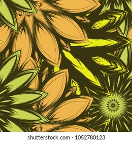 Seamless floral background. Tracery handmade nature ethnic fabric backdrop pattern with flowers. Textile design texture. Decorative color art. Vector