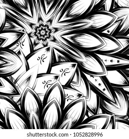 Seamless floral background. Tracery handmade nature ethnic fabric backdrop pattern with saturated dark flowers. Textile design texture. Decorative binary monochrome black and white art. Vector