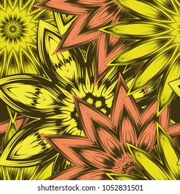 Seamless floral background. Tracery handmade nature ethnic fabric backdrop pattern with flowers. Textile design texture. Decorative color art. Vector