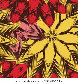 Seamless floral background. Tracery handmade nature ethnic fabric backdrop pattern with flowers. Textile design texture. Decorative color art. Vector