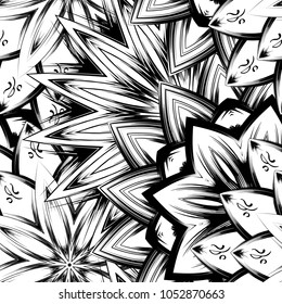 Seamless floral background. Tracery handmade nature ethnic fabric backdrop pattern with saturated dark flowers. Textile design texture. Decorative binary monochrome black and white art. Vector