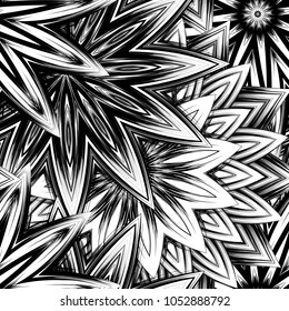 Seamless floral background. Tracery handmade nature ethnic fabric backdrop pattern with saturated dark flowers. Textile design texture. Decorative binary monochrome black and white art. Vector