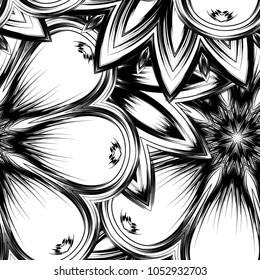 Seamless floral background. Tracery handmade nature ethnic fabric backdrop pattern with saturated dark flowers. Textile design texture. Decorative binary monochrome black and white art. Vector
