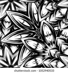 Seamless floral background. Tracery handmade nature ethnic fabric backdrop pattern with saturated dark flowers. Textile design texture. Decorative binary monochrome black and white art. Vector