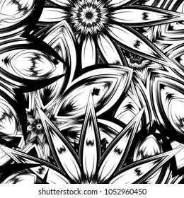 Seamless floral background. Tracery handmade nature ethnic fabric backdrop pattern with saturated dark flowers. Textile design texture. Decorative binary monochrome black and white art. Vector