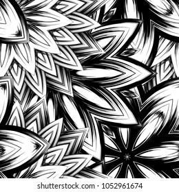 Seamless floral background. Tracery handmade nature ethnic fabric backdrop pattern with saturated dark flowers. Textile design texture. Decorative binary monochrome black and white art. Vector