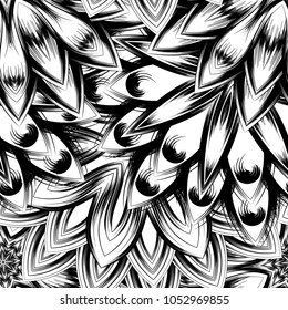 Seamless floral background. Tracery handmade nature ethnic fabric backdrop pattern with saturated dark flowers. Textile design texture. Decorative binary monochrome black and white art. Vector