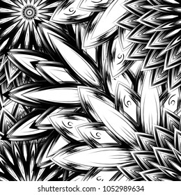 Seamless floral background. Tracery handmade nature ethnic fabric backdrop pattern with saturated dark flowers. Textile design texture. Decorative binary monochrome black and white art. Vector