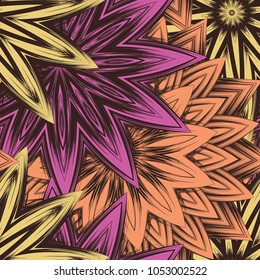 Seamless floral background. Tracery handmade nature ethnic fabric backdrop pattern with flowers. Textile design texture. Decorative color art. Vector