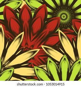 Seamless floral background. Tracery handmade nature ethnic fabric backdrop pattern with flowers. Textile design texture. Decorative color art. Vector