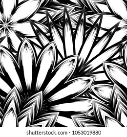 Seamless floral background. Tracery handmade nature ethnic fabric backdrop pattern with saturated dark flowers. Textile design texture. Decorative binary monochrome black and white art. Vector